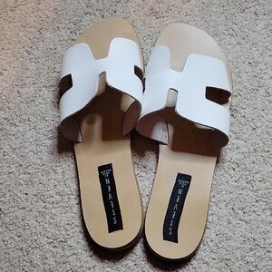 Steven By Steve Madden White and Tan Slide Sandals with H Cutout
